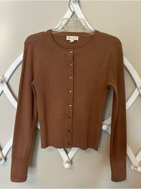 Marled Brown Ribbed Button-Front Long Sleeve Top